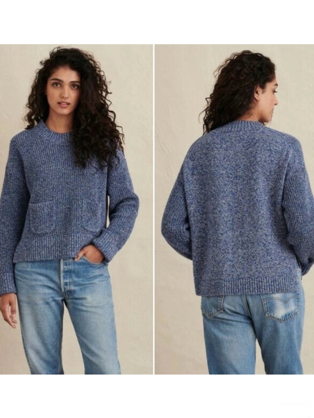 ALEX MILL Hank Rib Sweater NEW Size L Blue White Marl Linen Cotton Crew Neck